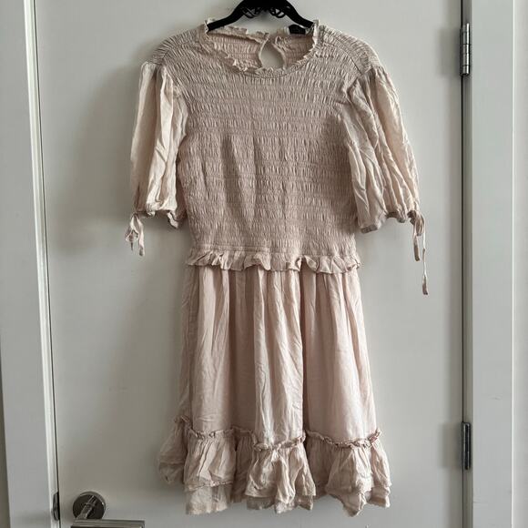 Dress Forum Smocked Dress Beige Crew Neck Rayon Ruffle Hem Short Sleeve Sz S - Picture 5 of 9